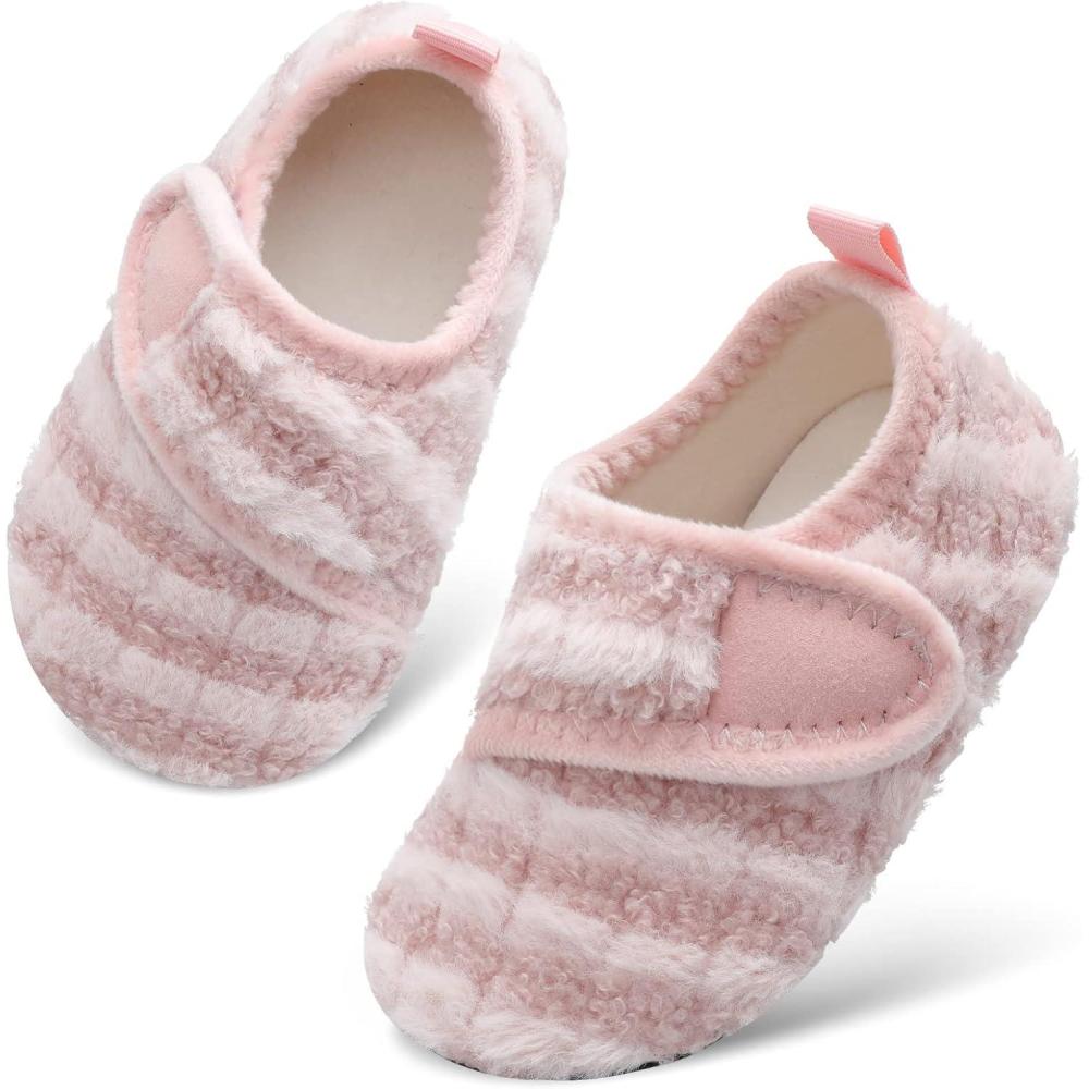 Scurtain Toddler Warm Winter House Slippers Baby Boys Girls Indoor Home Slippers Cozy Lightweight Non-Slip Shoes For Infant Kids Plush Linned(Strip Pink)