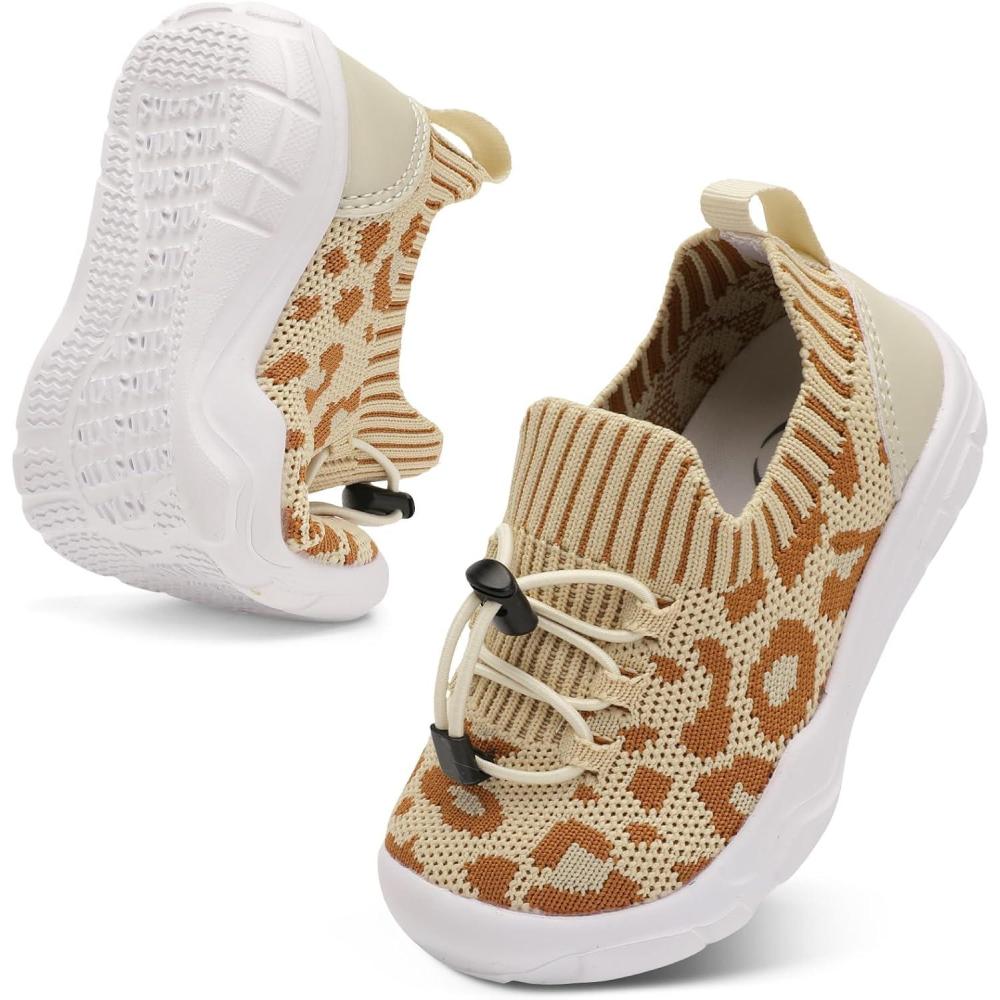 Scurtain Toddler Shoes Boys Girls Tennis Shoes Kids Barefoot Shoes Slip on Sneakers Breathable Walking Running Shoes(Camel Leopard)