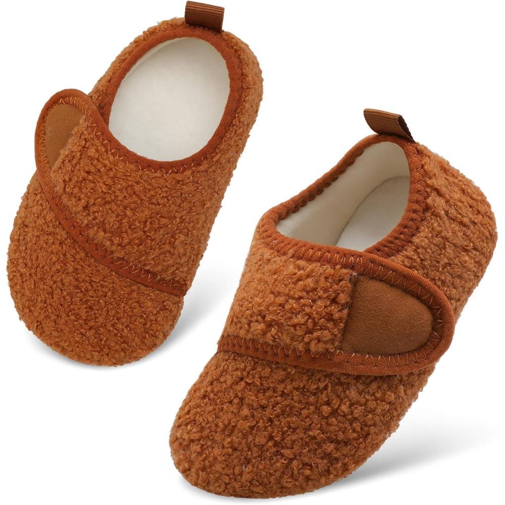 Scurtain Toddler Warm Winter House Slippers Baby Boys Girls Indoor Home Slippers Cozy Lightweight Non-Slip Shoes For Infant Kids Plush Linned(Brown)