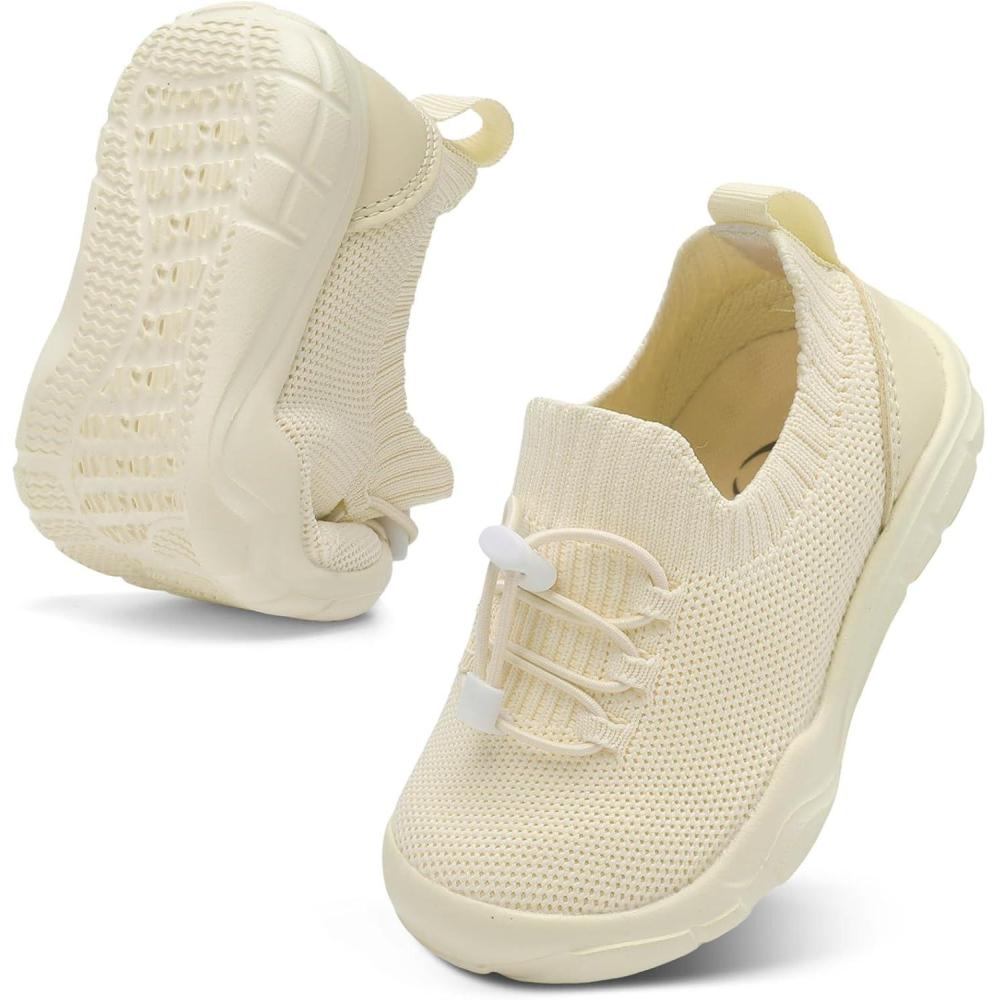 Scurtain Toddler Shoes Boys Girls Tennis Shoes Kids Barefoot Shoes Slip on Sneakers Breathable Walking Running Shoes(Beige)