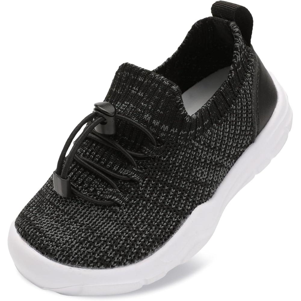 Scurtain Toddler Shoes Boys Girls Tennis Shoes Kids Barefoot Shoes Slip on Sneakers Breathable Walking Running Shoes(Black Stripe)