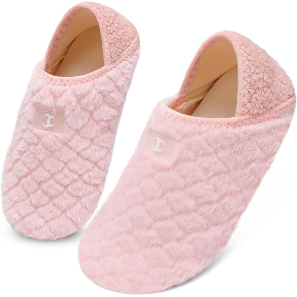 Scurtain House Slippers for Women Men Indoor Barefoot Slippers Socks Comfy Slip on House Shoes Cozy Furry Lightweight Non-Slip for Bedroom Travel Yoga(Plush Pink)