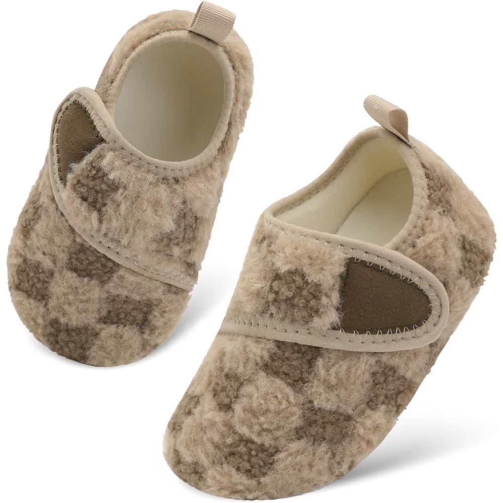 Scurtain Toddler Warm Winter House Slippers Baby Boys Girls Indoor Home Slippers Cozy Lightweight Non-Slip Shoes For Infant Kids Plush Linned(Brown Lattice)