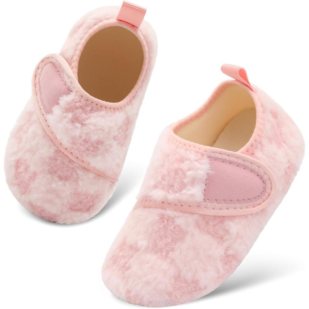 Scurtain Toddler Warm Winter House Slippers Baby Boys Girls Indoor Home Slippers Cozy Lightweight Non-Slip Shoes For Infant Kids Plush Linned(Pink Lattice)