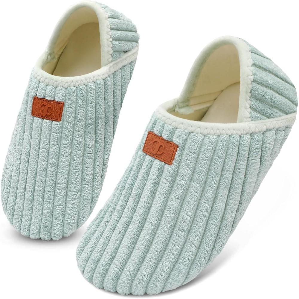Scurtain House Slippers for Women Men Indoor Barefoot Slippers Socks Comfy Slip on House Shoes Cozy Furry Lightweight Non-Slip for Bedroom Travel Yoga(Green Stripe)