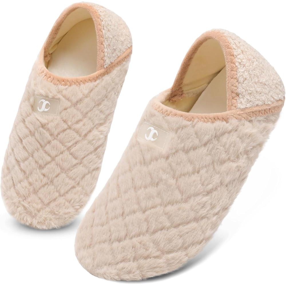 Scurtain House Slippers for Women Men Indoor Barefoot Slippers Socks Comfy Slip on House Shoes Cozy Furry Lightweight Non-Slip for Bedroom Travel Yoga(Plush Beige)