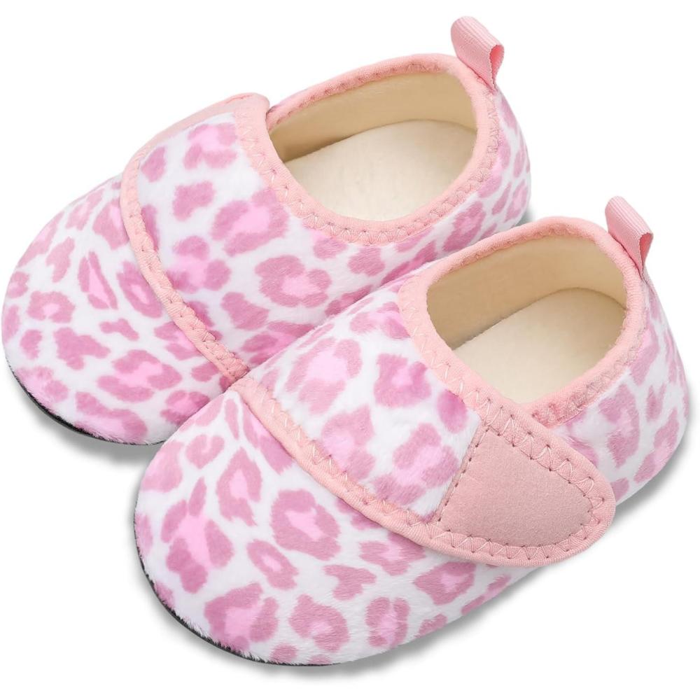 Scurtain Toddler Warm Winter House Slippers Baby Boys Girls Indoor Home Slippers Cozy Lightweight Non-Slip Shoes For Infant Kids Plush Linned(Pink Leopard)