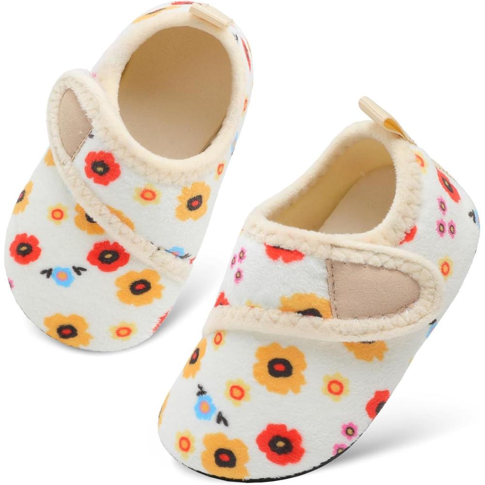Scurtain Toddler Warm Winter House Slippers Baby Boys Girls Indoor Home Slippers Cozy Lightweight Non-Slip Shoes For Infant Kids Plush Linned(Flower)