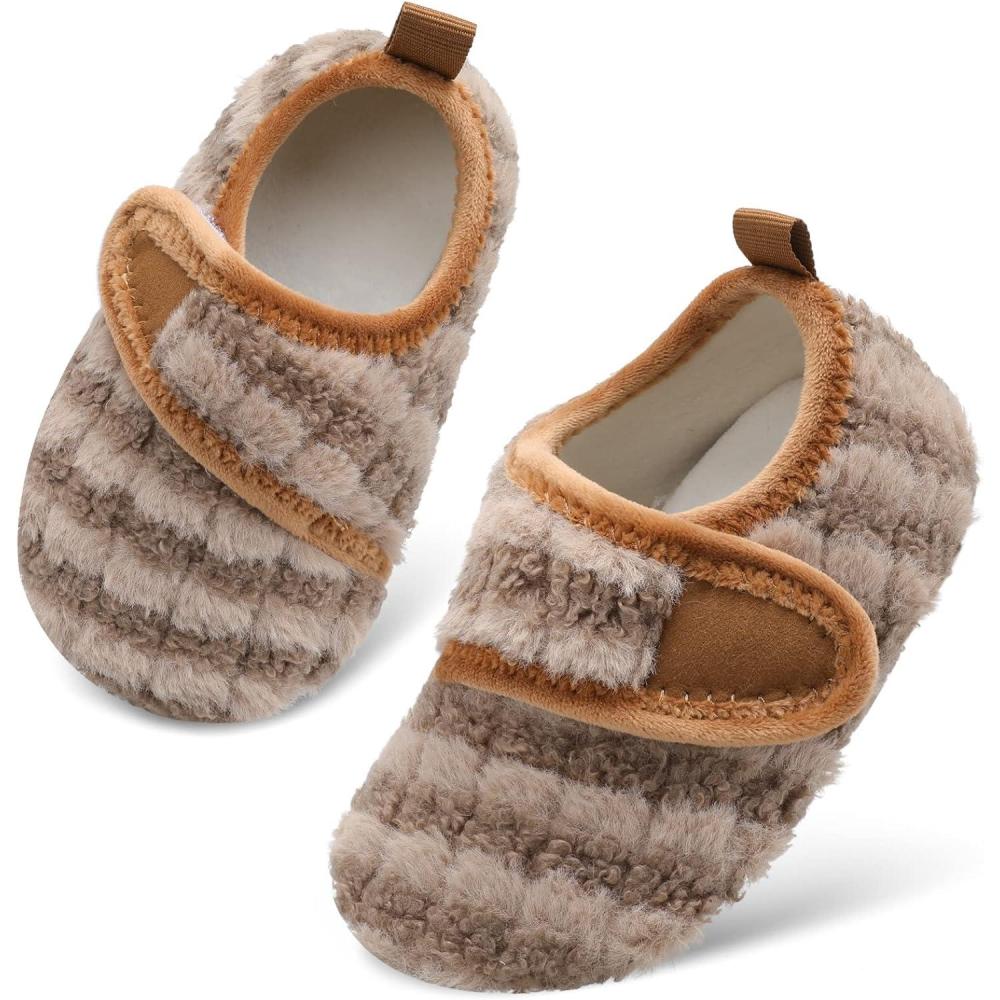 Scurtain Toddler Warm Winter House Slippers Baby Boys Girls Indoor Home Slippers Cozy Lightweight Non-Slip Shoes For Infant Kids Plush Linned(Strip Brown)