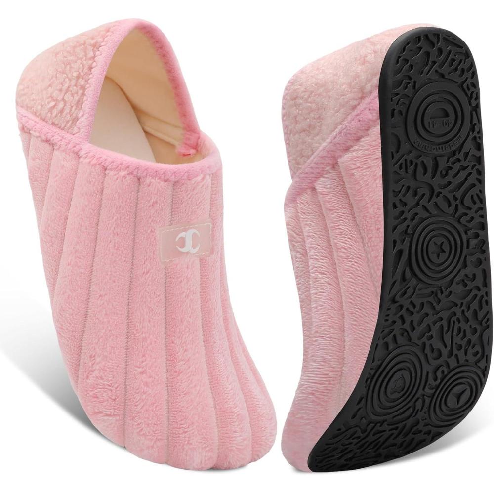 Scurtain House Slippers for Women Men Indoor Barefoot Slippers Socks Comfy Slip on House Shoes Cozy Furry Lightweight Non-Slip for Bedroom Travel Yoga(Pink/Stripe)