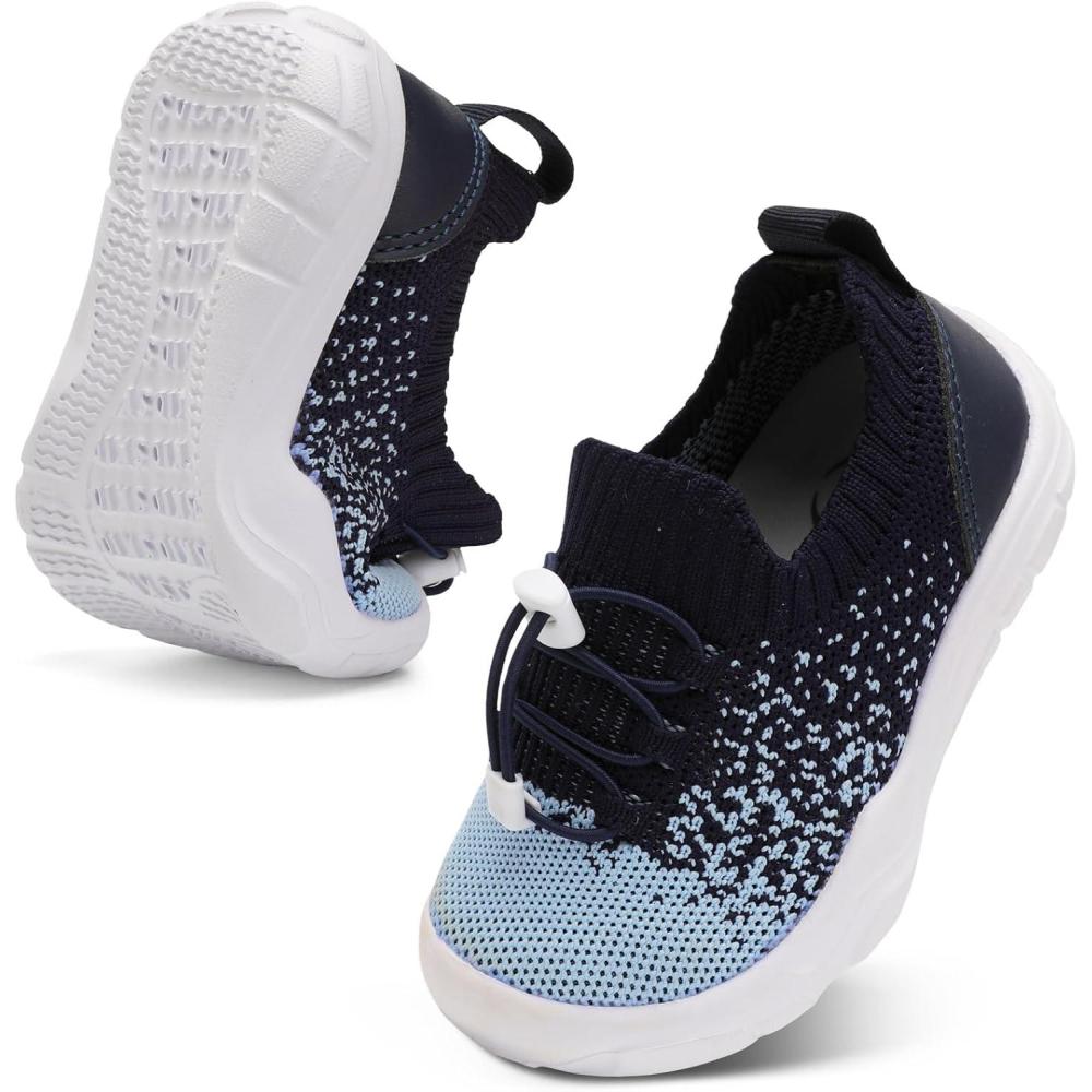 Scurtain Toddler Shoes Boys Girls Tennis Shoes Kids Barefoot Shoes Slip on Sneakers Breathable Walking Running Shoes(Black Blue)