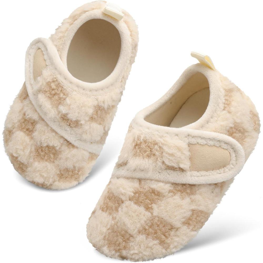 Scurtain Toddler Warm Winter House Slippers Baby Boys Girls Indoor Home Slippers Cozy Lightweight Non-Slip Shoes For Infant Kids Plush Linned(Beige Lattice)