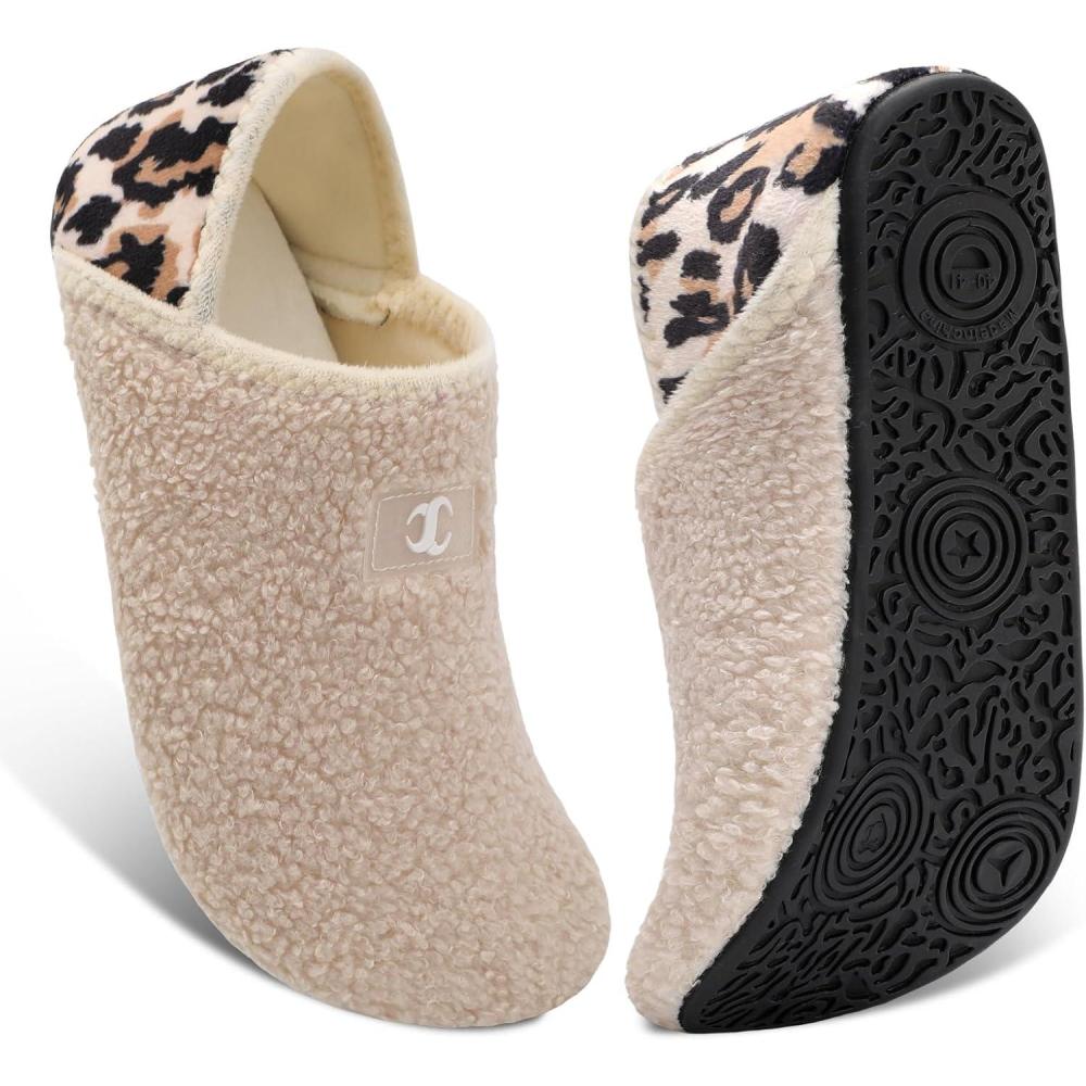 Scurtain House Slippers for Women Men Indoor Barefoot Slippers Socks Comfy Slip on House Shoes Cozy Furry Lightweight Non-Slip for Bedroom Travel Yoga(Beige Leopard)