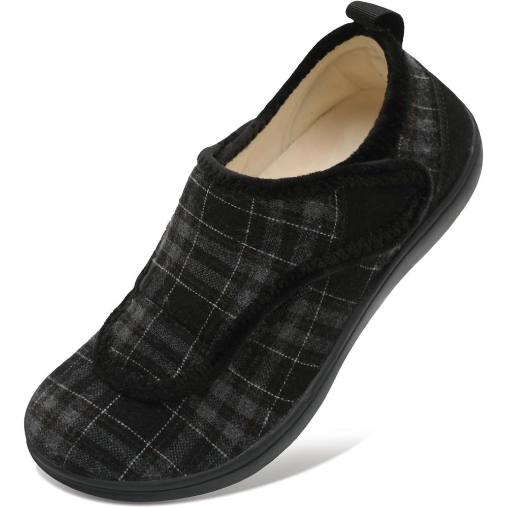 Mens Wide Slippers Comfy Diabetic Orthopedic Shoes Adjustable House Slippers Swollen Feet Walking Shoes(Blackplaid)