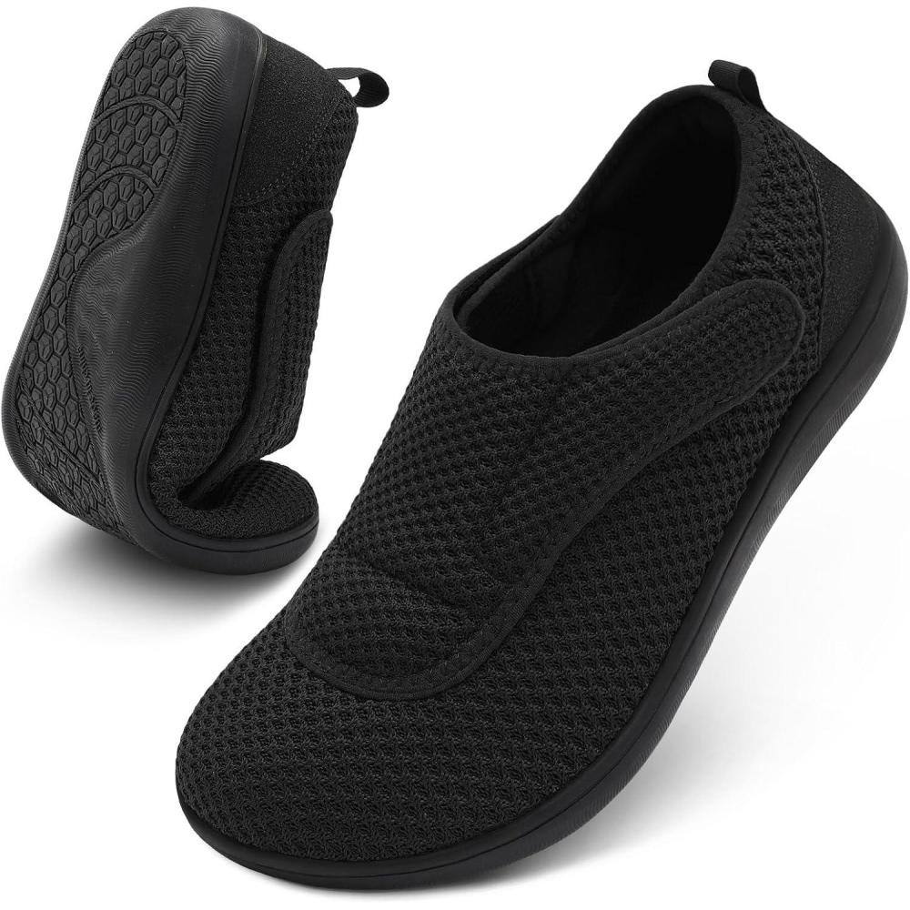 Mens Walking Shoes Wide Diabetic Shoes Adjustable Swollen Feet Neuropathy Orthopedic Shoes Breathable Barefoot Zero Drop Sneakers(Black)