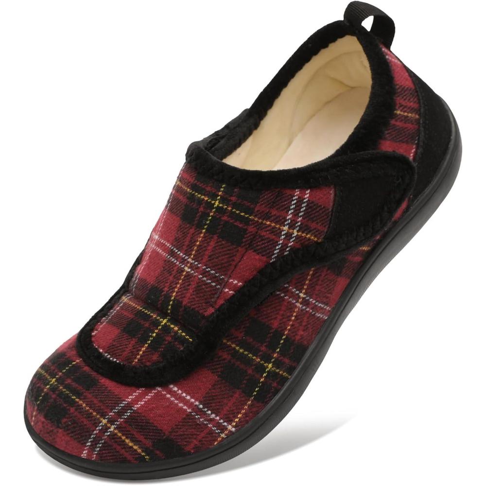 Mens Wide Slippers Comfy Diabetic Orthopedic Shoes Adjustable House Slippers Swollen Feet Walking Shoes(Redplaid)